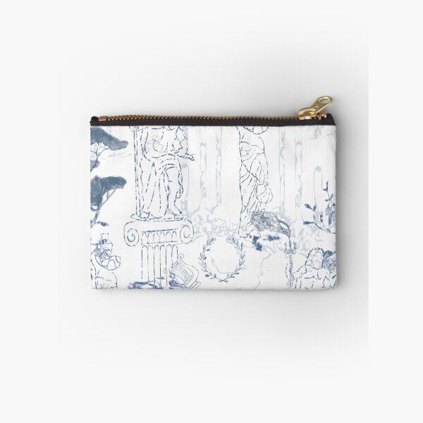 Item preview, Elegant toile-style seamless pattern inspired by Ancient Greece, featuring classical statues, Greek columns, amphora vases, olive trees, laurel wreaths, and temple ruins in soft blue monochrome . designed and sold by TaniaArtDesign.