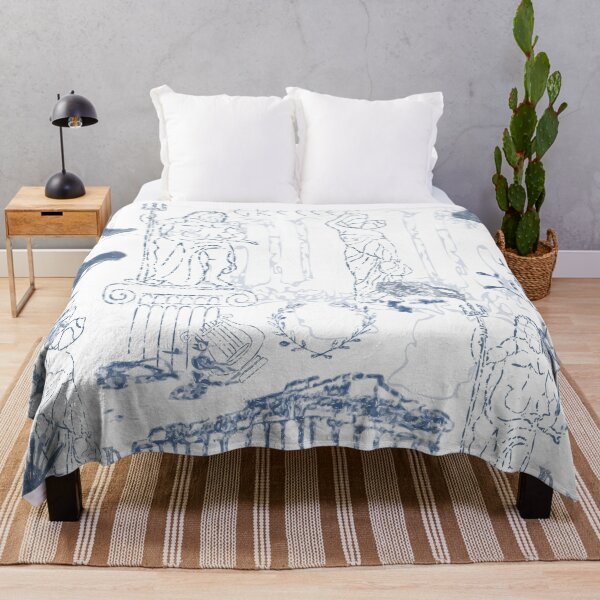 Item preview, Elegant toile-style seamless pattern inspired by Ancient Greece, featuring classical statues, Greek columns, amphora vases, olive trees, laurel wreaths, and temple ruins in soft blue monochrome . designed and sold by TaniaArtDesign.