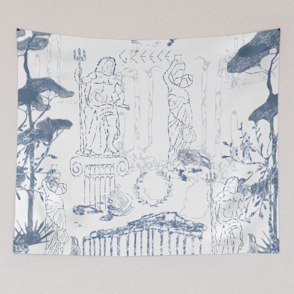 Item preview, Elegant toile-style seamless pattern inspired by Ancient Greece, featuring classical statues, Greek columns, amphora vases, olive trees, laurel wreaths, and temple ruins in soft blue monochrome . designed and sold by TaniaArtDesign.