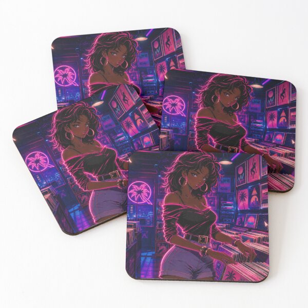 Item preview, Neon Vinyl Girl Retro Anime Record Store 80s Synthwave Art designed and sold by Rouge Reverie Studio.