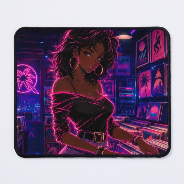 Item preview, Neon Vinyl Girl Retro Anime Record Store 80s Synthwave Art designed and sold by Sunset Deck Studio.