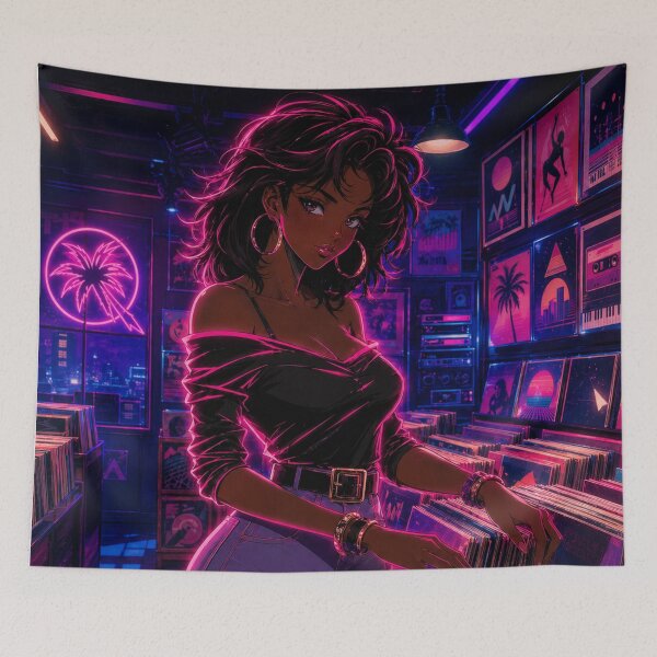 Item preview, Neon Vinyl Girl Retro Anime Record Store 80s Synthwave Art designed and sold by Sunset Deck Studio.