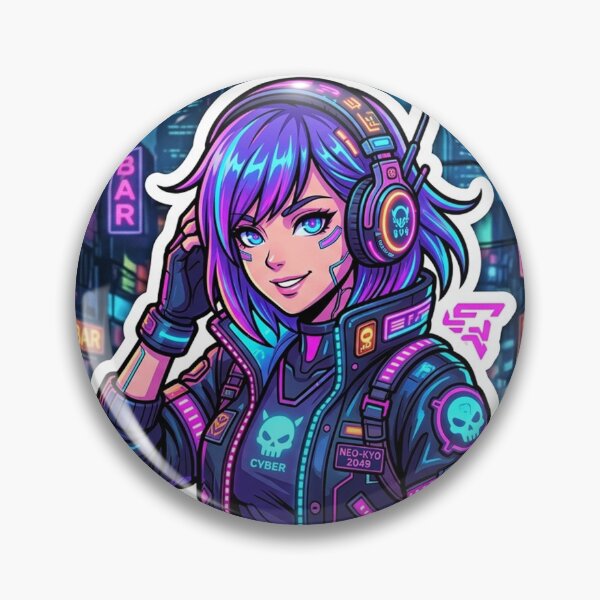 Item preview, Pegatina de chica anime cyberpunk, ciudad neón, jugadora futurista designed and sold by Krfto.