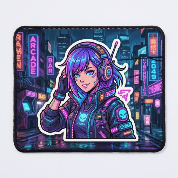 Artikelvorschau, Cyberpunk-Anime-Mädchen-Neonstadt-Futuristischer-Gamer-Aufkleber entworfen und verkauft von Krfto.