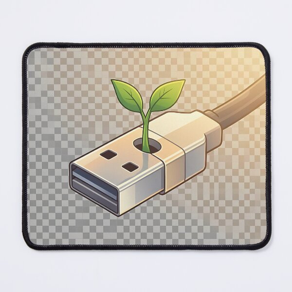 Item preview, A tiny green sprout growing out of a sleek metallic USB port, minimalist 2D art designed and sold by Verdanova Lab.