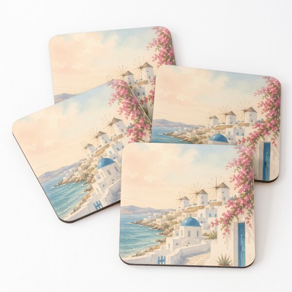 Item preview, Mykonos Greece Watercolor Poster, Windmills Coastal Art, Mediterranean Island Wall Art, Pastel Vintage Seaside Print designed and sold by Art-Selling.