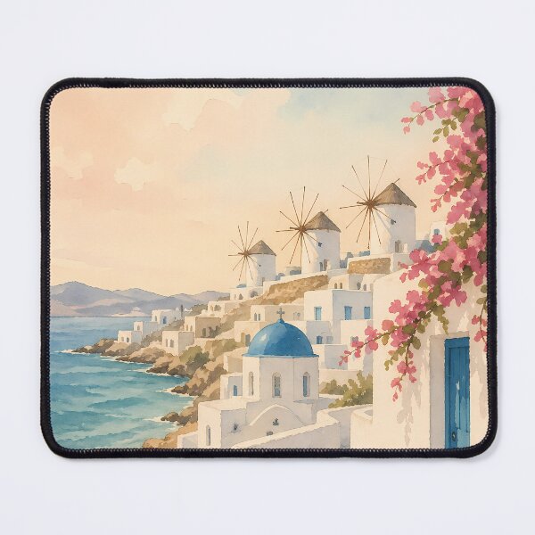 Item preview, Mykonos Greece Watercolor Poster, Windmills Coastal Art, Mediterranean Island Wall Art, Pastel Vintage Seaside Print designed and sold by Art-Selling.