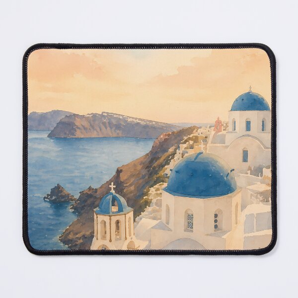 Item preview, Santorini Greece Watercolor Poster, Oia Blue Dome Church Coastal Art, Mediterranean Travel Wall Art, Vintage Pastel Seaside Print designed and sold by Art-Selling.