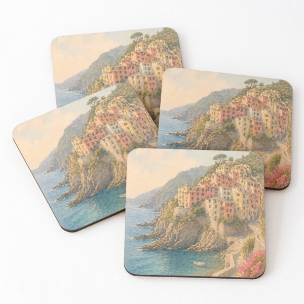 Item preview, Cinque Terre Italy Watercolor Poster, Riomaggiore Coastal Village Art, Mediterranean Cliff Houses, Vintage Travel Wall Art designed and sold by Art-Selling.