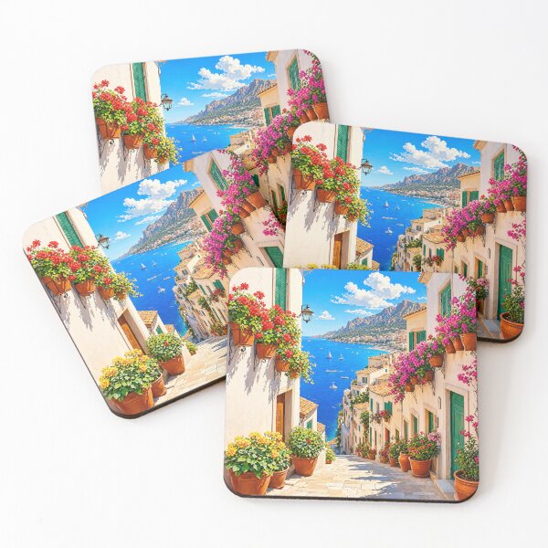 Item preview, Escápate al paraíso con esta vibrante ilustración de un encantador pueblo costero mediterráneo. Una callejuela soleada adornada con coloridas macetas de flores, arquitectura tradicional y una vista impresionante al mar azul profundo. Ideal para llevar la  designed and sold by Unframed-Art.