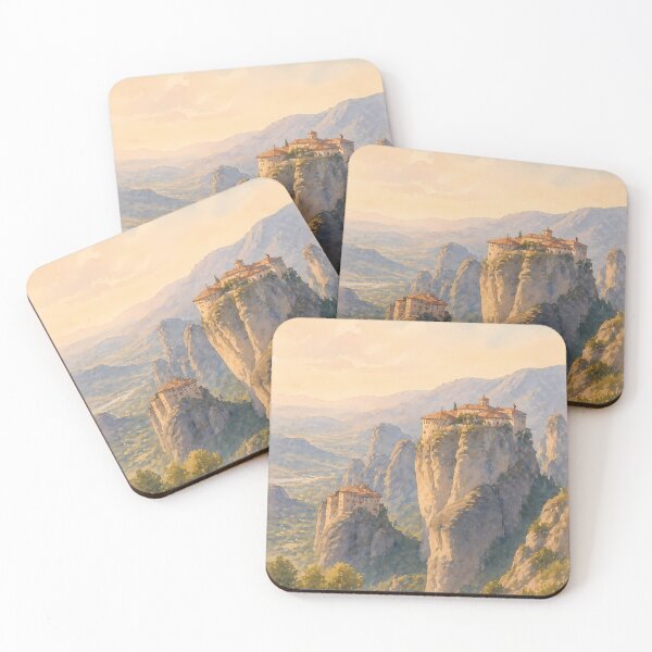 Item preview, Meteora Greece Watercolor Poster, Monastery Cliff Landscape Art, Greek Mountains Scenic View, Vintage Travel Wall Art designed and sold by Art-Selling.