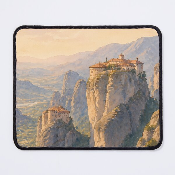 Item preview, Meteora Greece Watercolor Poster, Monastery Cliff Landscape Art, Greek Mountains Scenic View, Vintage Travel Wall Art designed and sold by Art-Selling.