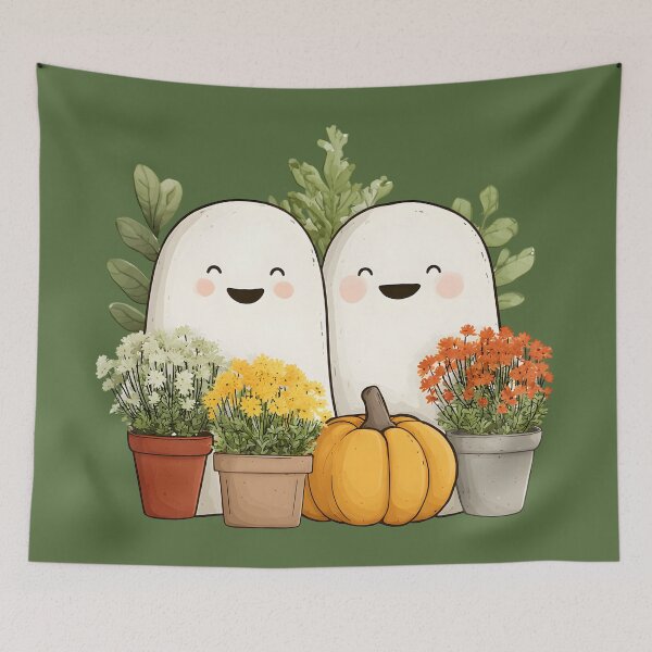 Item preview, Halloween 18 - Cute Smiling Ghosts in Autumn Garden with Pumpkin designed and sold by NikaNavi.
