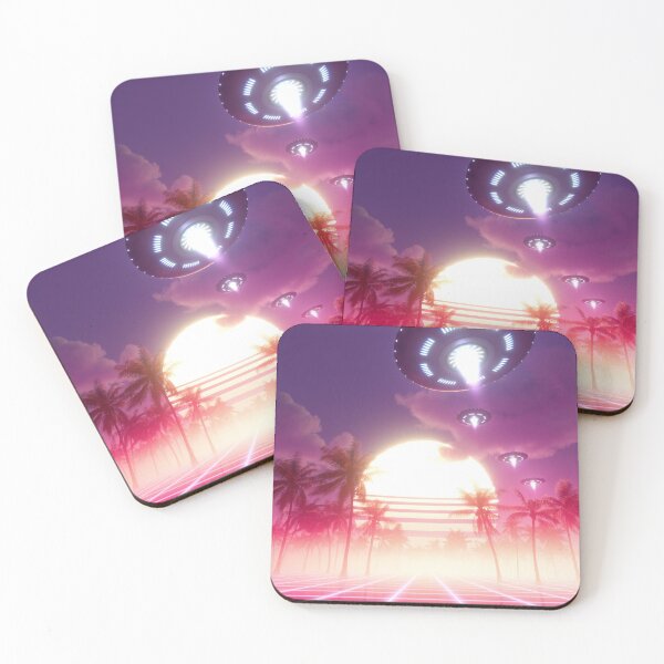 Item preview, Flying saucers in a sunset synthwave landscape designed and sold by Gaia Dream Creation.