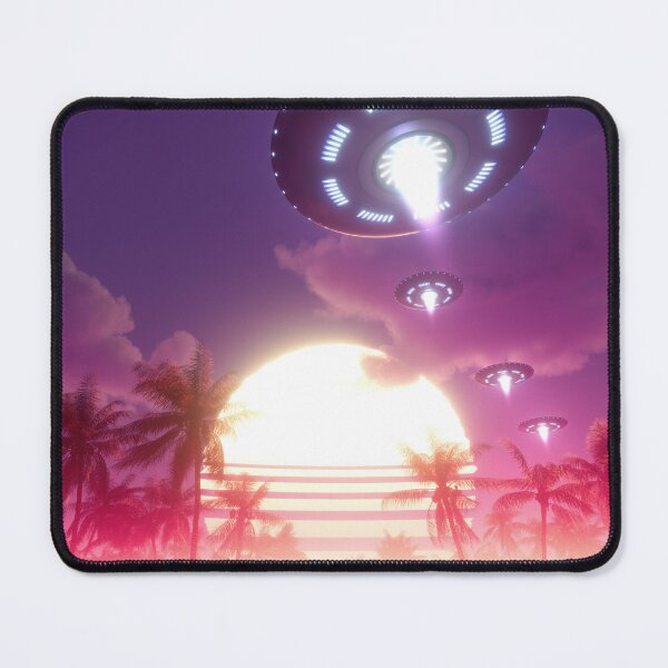Item preview, Flying saucers in a sunset synthwave landscape designed and sold by Gaia Dream Creation.