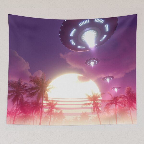 Item preview, Flying saucers in a sunset synthwave landscape designed and sold by Gaia Dream Creation.