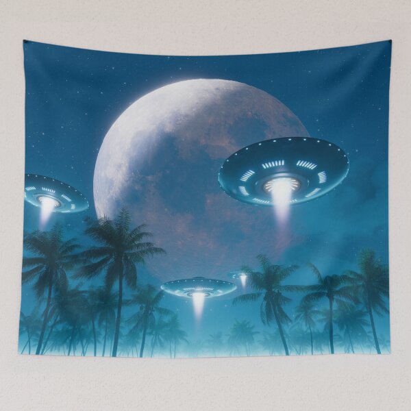 Item preview, Flying saucers in a partial lunar eclipse synthwave landscape designed and sold by Gaia Dream Creation.