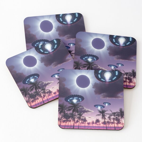 Item preview, Flying saucers in a total solar eclipse synthwave landscape designed and sold by Gaia Dream Creation.