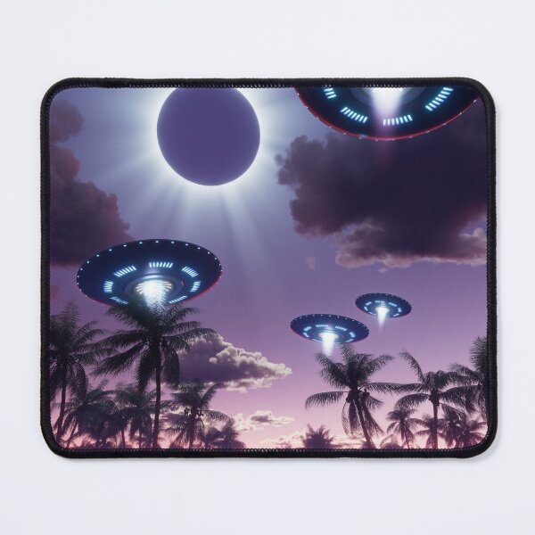 Item preview, Flying saucers in a total solar eclipse synthwave landscape designed and sold by Gaia Dream Creation.