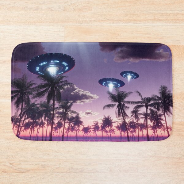 Item preview, Flying saucers in a total solar eclipse synthwave landscape designed and sold by Gaia Dream Creation.