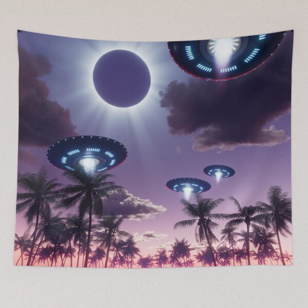 Item preview, Flying saucers in a total solar eclipse synthwave landscape designed and sold by Gaia Dream Creation.