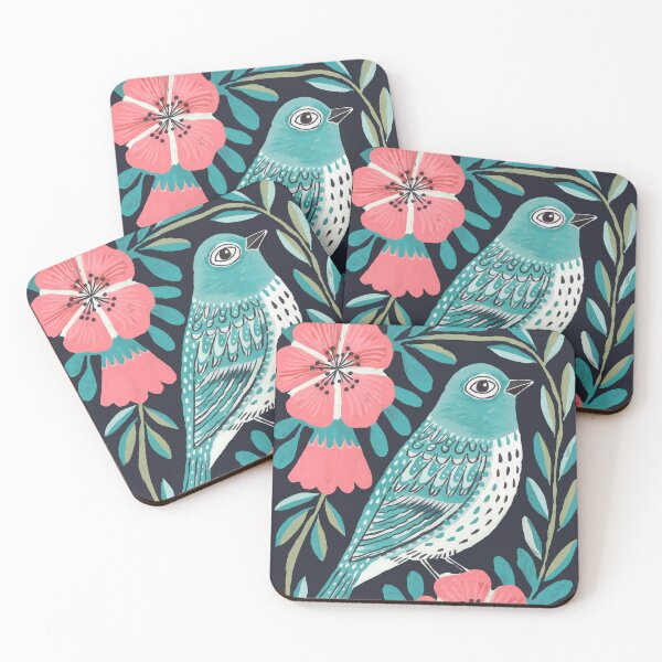 Item preview, Teal Bird Art Print | Botanical Folk Bird with Coral Flowers designed and sold by Filora Atelier | Bird Art.