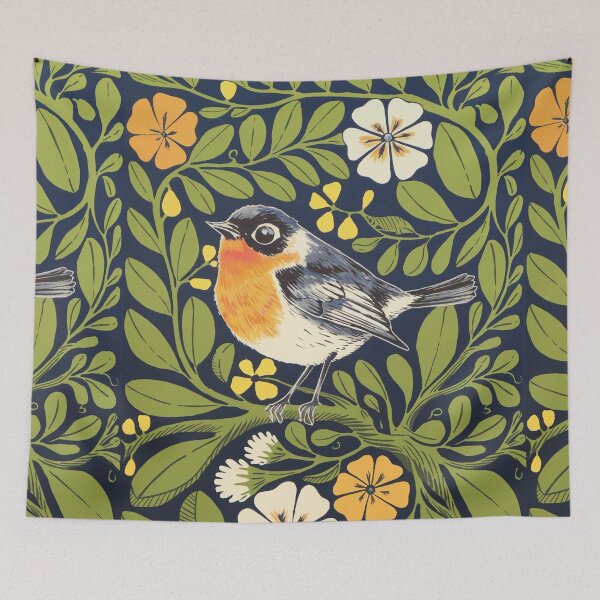 Item preview, Robin Bird Art | Garden Botanical Bird with Green Leaves designed and sold by Filora Atelier | Bird Art.
