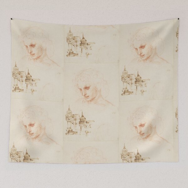 Item preview, The Head of Saint James and Architectural Sketches by Leonardo da Vinci Renaissance Drawing Poster designed and sold by artofuniverse.