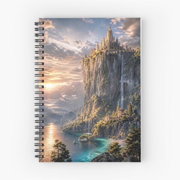 Item preview, Fantasy Castle on Cliff at Sunset | Magical Waterfall Kingdom Landscape designed and sold by DrakariArt.