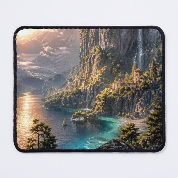 Item preview, Fantasy Castle on Cliff at Sunset | Magical Waterfall Kingdom Landscape designed and sold by DrakariArt.