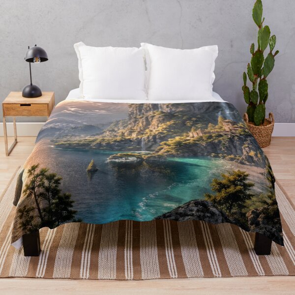 Item preview, Fantasy Castle on Cliff at Sunset | Magical Waterfall Kingdom Landscape designed and sold by DrakariArt.