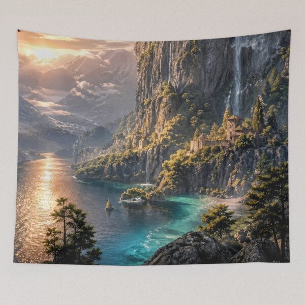 Item preview, Fantasy Castle on Cliff at Sunset | Magical Waterfall Kingdom Landscape designed and sold by DrakariArt.