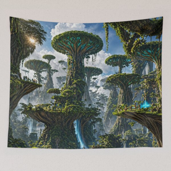 Item preview, Fantasy Jungle World with Waterfalls | Magical Floating Forest Landscape designed and sold by DrakariArt.
