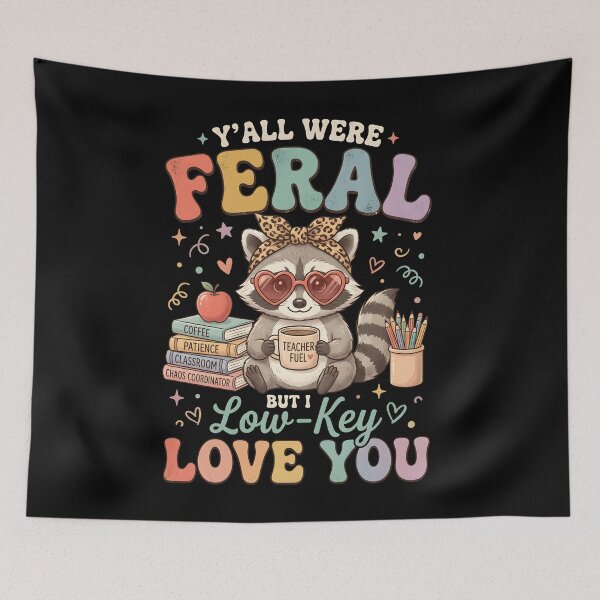 Aperçu de l'œuvre Y'all Were Feral But I Low Key Love You : Funny Teacher Quote Raccoon Iced Coffee Classroom Appreciation png Retro Cute School Humor créée et vendue par NewaveBoutique.