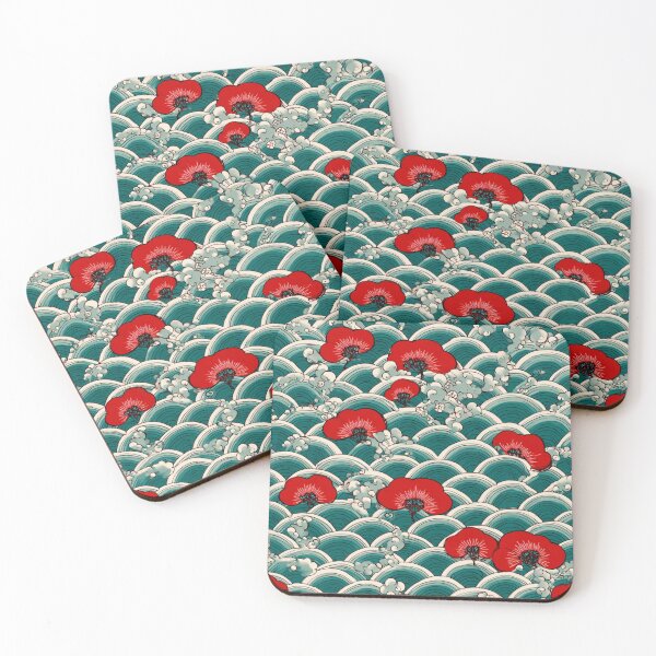 Item preview, Japanese Seigaiha Wave Red Floral Pattern Art designed and sold by NicolasGlowArt.
