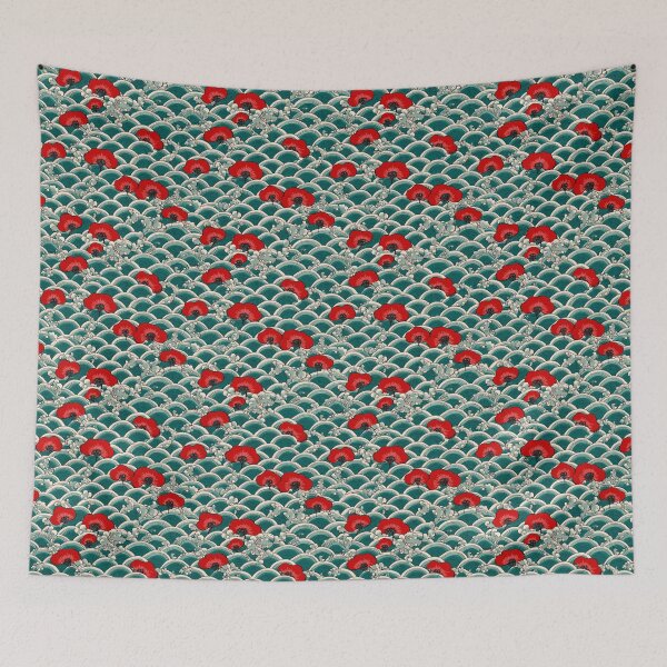 Item preview, Japanese Seigaiha Wave Red Floral Pattern Art designed and sold by NicolasGlowArt.