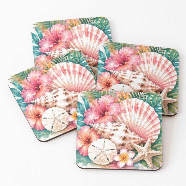 Item preview, Tropical Seashell & Hibiscus Art | Coastal Beach Aesthetic | Starfish Sand Dollar Design | Summer Ocean Vibes designed and sold by The Salted Lime Cape Cod .