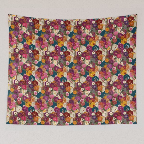 Item preview, Vibrant Japanese Floral Hexagon Patchwork Pattern designed and sold by NicolasGlowArt.