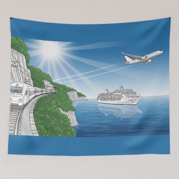 Item preview, Coastal Transport Scene Train Ship Airplane Illustration designed and sold by PixorStudio.