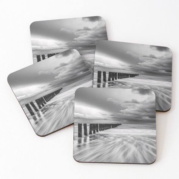 Item preview, Stormy Coastal Jetty Black White Long Exposure Photography designed and sold by PixorStudio.