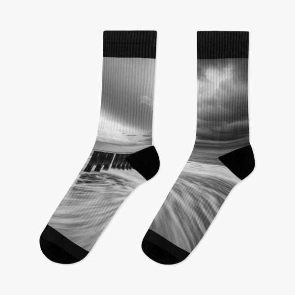 Item preview, Stormy Coastal Jetty Black White Long Exposure Photography designed and sold by PixorStudio.
