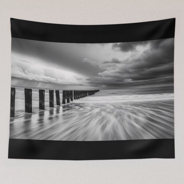 Item preview, Stormy Coastal Jetty Black White Long Exposure Photography designed and sold by PixorStudio.