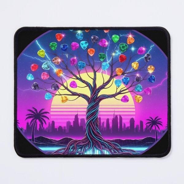 Item preview, Neon Harmony Tree – Guitar Picks City Sunset Synthwave Art designed and sold by CrimsonChords.
