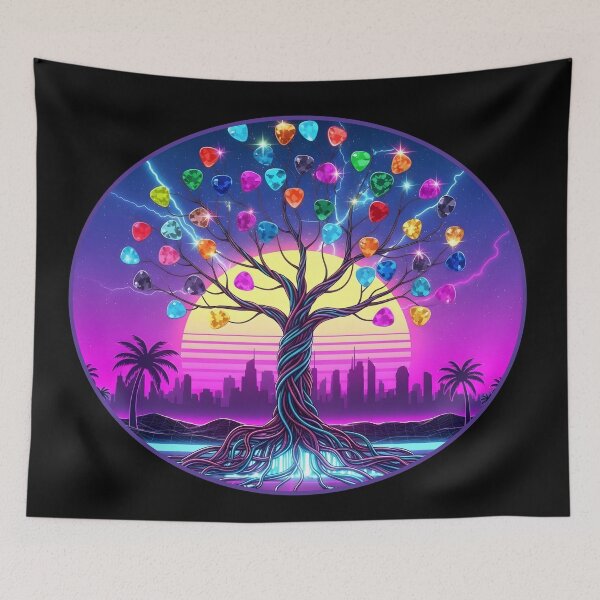 Item preview, Neon Harmony Tree – Guitar Picks City Sunset Synthwave Art designed and sold by CrimsonChords.