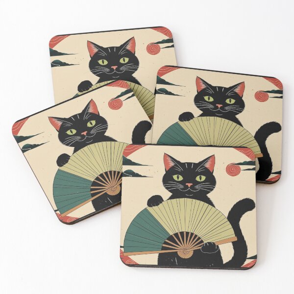 Item preview, Mystic Black Cat with Fan – Vintage Japanese Circle Composition designed and sold by LEO'S CREATURE　れおずくりーちゃー.