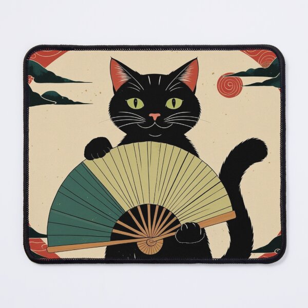 Item preview, Mystic Black Cat with Fan – Vintage Japanese Circle Composition designed and sold by LEO'S CREATURE　れおずくりーちゃー.