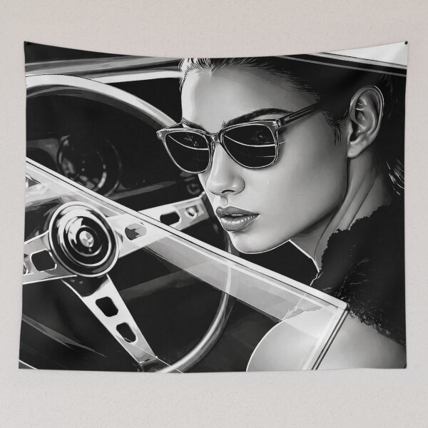 Aperçu de l'œuvre Portrait glamour vintage – Illustration noire d'intérieur de voiture classique créée et vendue par Stinky Lincy's Apparel Company.