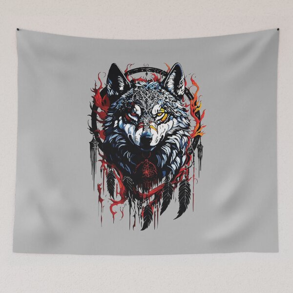Item preview, Wolf with Dreamcatcher and Flames Mystical Art designed and sold by RamyGallery.