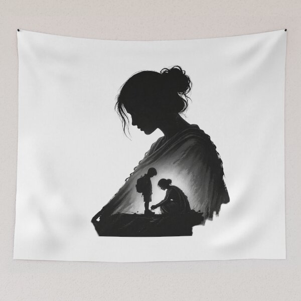Item preview, Mother’s Sacrifice Silhouette T-Shirt | Emotional Mom Love Graphic Tee | Black and White Mother & Child Art Shirt designed and sold by UrbanEchoHub.