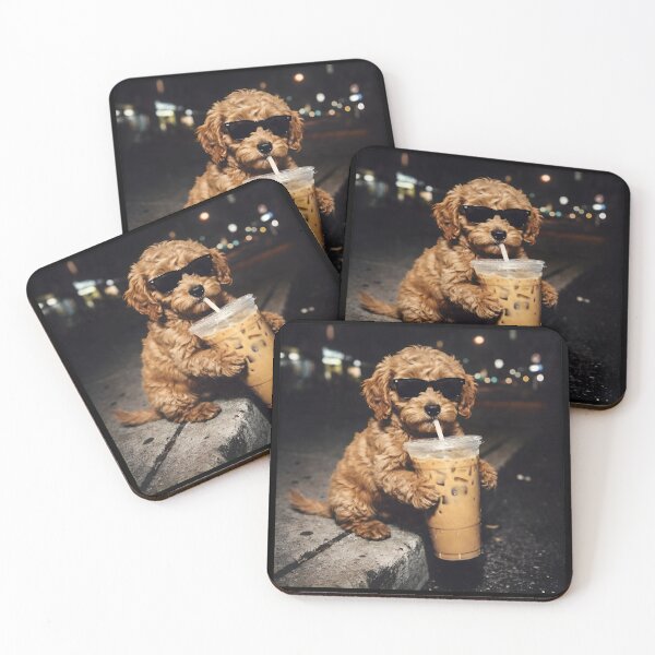 Item preview, Cool Puppy Drinking Iced Coffee with Shades designed and sold by OlyvieArt.